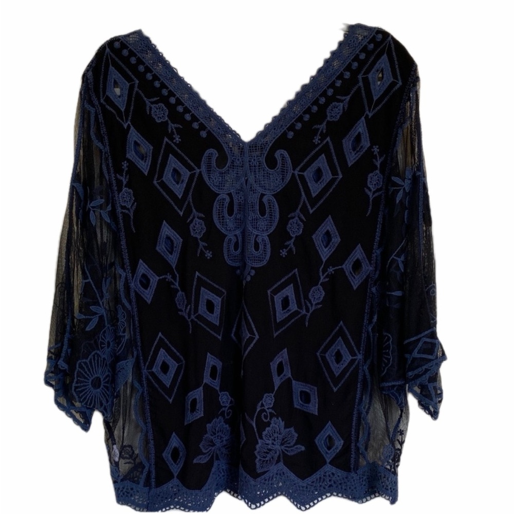 Coco & Carmen blue and black Fairy embroidered crochet and mesh Top Sz S/M